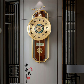 智臻新中式挂钟黄铜钟表家用钟高档客厅大时钟表挂墙轻奢免打孔石英钟