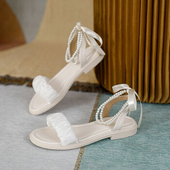 凉鞋女平底凉鞋学生版白色凉鞋女2022夏仙女风超仙珍珠丝带蝴蝶结平底