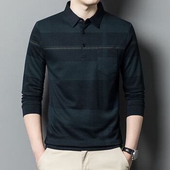 虎都春秋季长袖恤男士纯色翻领条纹上衣中老年爸爸装休闲体恤衫墨绿