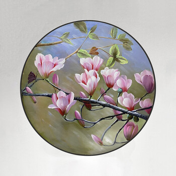 轻奢高端玉兰花纯手绘油画新中式客厅玄关装饰画圆形挂画现代简约 铝