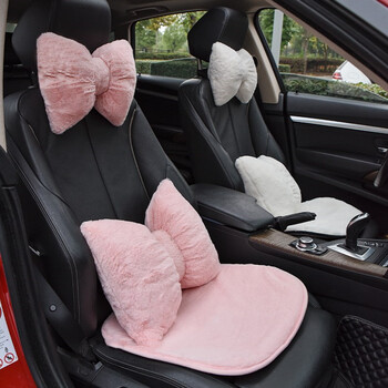 齐选汽车毛绒头枕腰靠女生车载枕头粉色可爱简约蝴蝶结车内护颈枕软糯