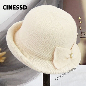 cinessd秋冬帽子女薄款针织半卷小礼帽保暖盆帽休闲优雅蝴蝶结珍珠