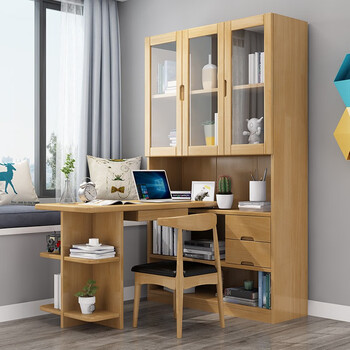 唯菲全实木书桌书柜组合现代简约家用写字桌书房转角电脑桌书架一体