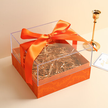 盒大号生日礼物结婚喜糖伴娘伴手礼包装盒子 橙色透明盖 礼盒 拉菲草