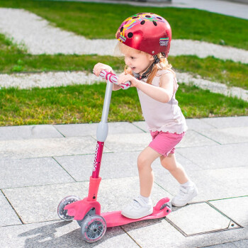 米高 滑板车儿童大童3-12岁发光轮可调节可折叠度升降三轮踏板车 粉色-小童适合1-5岁