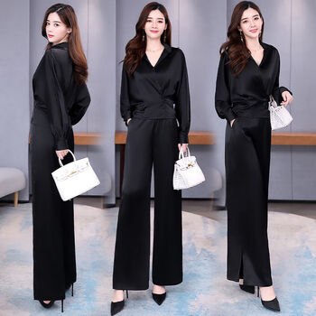 单套装2022秋装新款女装韩版时尚减龄洋气阔腿裤职业裙裤两黑色上衣