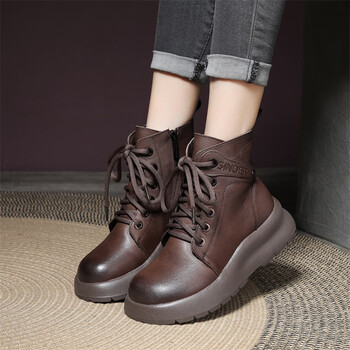 靴女短靴英伦风厚底秋冬季加绒羊毛系带保暖女靴子加厚棉棕色羊毛35
