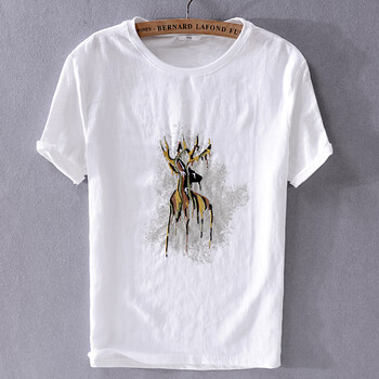 亚麻短袖刺绣t恤男圆领白色半袖宽松棉麻男士新款男友简约图案搭配