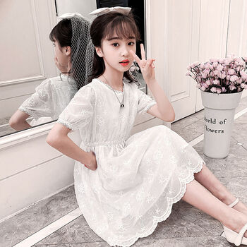 裙412岁中小学生裙子生女童连衣裙白色长袖蕾丝公主裙超洋气白色短130