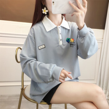 简丹诺初中生长袖t恤少女孩春秋装高中学生宽松薄款t恤polo衫上衣显瘦