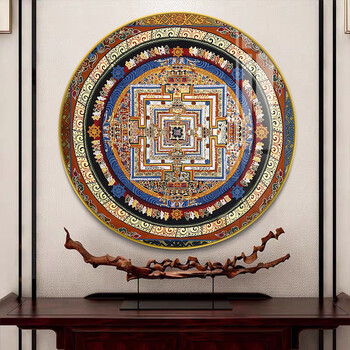 唐卡挂画现代简约玄关装饰画西藏黑金坛城佛堂咒轮画圆形壁画a款直径