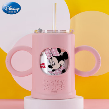 迪士尼（Disney）儿童水杯玻璃牛奶杯带硅胶套耐摔女宝宝带刻度家用吸管喝奶水杯