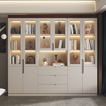 现代简约书柜玻璃书柜展示柜书房靠墙书架储物柜带灯可定制 六门款式2