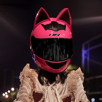 冬季电动摩托车猫耳朵头盔蝴蝶结男女骑士可爱机车全盔安全帽粉色猫