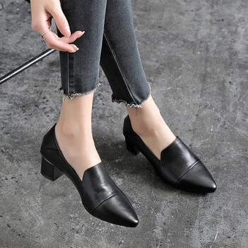 夏天女皮鞋女式真皮单鞋半高跟尖头夏季浅口鞋粗跟中跟工作 黑色  39
