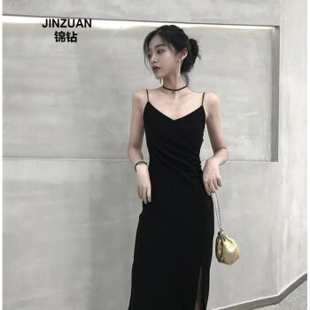 锦钻（JINZUAN）女装连衣裙新款超仙海边度假沙滩裙女夏显瘦开叉吊带长裙子 黑色 M（100-107斤）