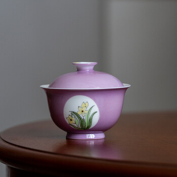 手绘陶瓷三才盖碗茶杯套装陶瓷单个茶碗景德镇釉下彩兰花女泡茶碗戴紫