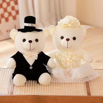 玩具泰迪熊玩偶女结婚礼物一对车头婚庆娃娃白色婚纱黑西服4560厘米