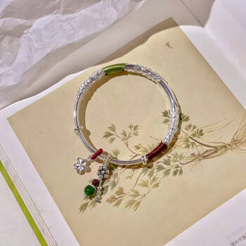 虎企银手镯女年轻款银镯子实心9999足银繁花似锦手环情人节送女友礼物