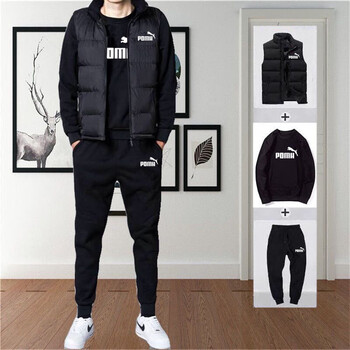 彪马男士卫衣套装秋冬款潮牌加绒加厚三件套运动休闲套装男马甲套马甲