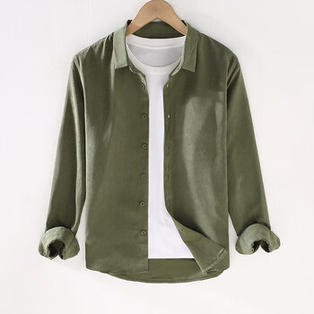 款休闲长袖衬衫男韩版简约舒适青年潮流翻领日系男装衬衣外套军绿色xl