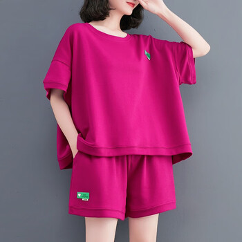 午堇大码女装套装胖妹妹夏季新款宽松休闲运动服两件套胖人女装玫红色