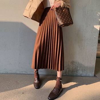 羊毛呢百褶半身裙女秋冬中长款a字伞裙复古高腰咖色大摆长裙 咖啡色 m