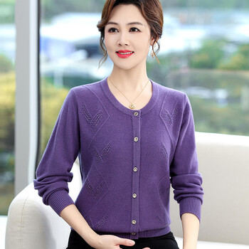 ngak羊绒衫女山羊绒中老年装秋冬装开襟上衣厚款紫色m建议80100斤