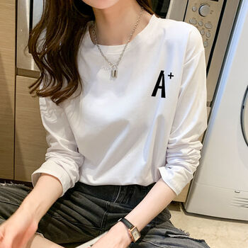 萨晟纯棉白色长袖t恤女早春秋冬内搭韩版百搭外穿打底衫上衣服a纯棉m