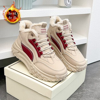 361女鞋冬季新款加绒保暖百搭学生高帮棉鞋小码34厚底休闲老爹运动米