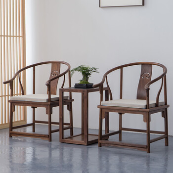 温巷(wenxiang)新中式全圈椅茶几三件套黑胡桃木仿古官帽椅太师椅茶室