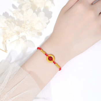 扣金箍圈相思红豆手链女足金转金珠手绳男情侣礼物黄金平安扣红编绳