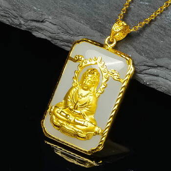 黄金观音999足金和田玉吊坠金镶玉挂件方牌项链男女送证书 18k黄金