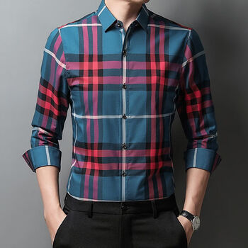 巴宝莉春秋季新款全棉长袖衬衫男欧洲站潮流经典英伦卡其格子衬衣男