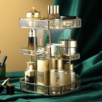 美杜 高档旋转化妆盒化妆品收纳盒玻璃桌面透明香水护肤梳妆台口红