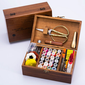 复古家用针线盒婚嫁手工缝衣服修补工具缝纫便携包线盒 木质针线盒