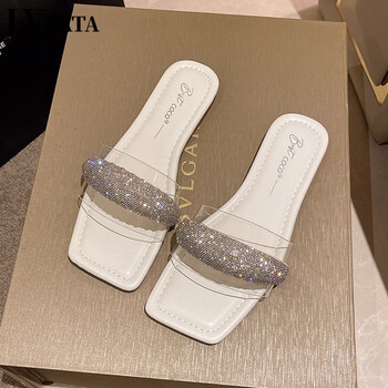 旅他她lvtata办公室拖鞋女外穿2023年夏春新款透明水钻软底一字拖法式