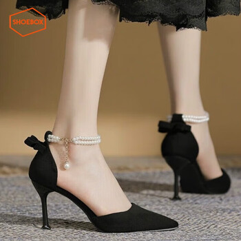 鞋柜达芙妮集团旗下一字带凉鞋女款2024年新款尖头纯色细跟高跟凉鞋