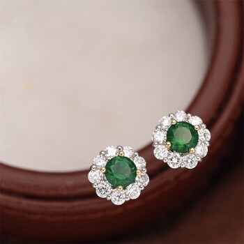 墨辰珠宝沃顿绿祖母绿耳钉彩色宝石18k金镶嵌裸石04克拉晶体通透附