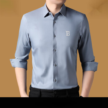 巴宝莉burberry桑蚕丝长袖衬衫男士商务休闲中年纯色免烫衬衫灰色s1