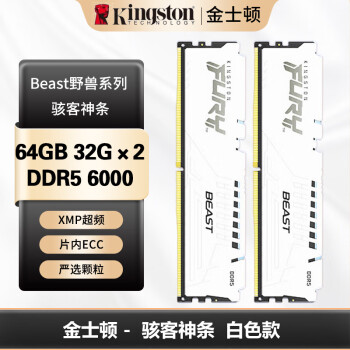 金士顿 (Kingston) FURY 64GB(32G×2) DDR5 6000 台式机内存条 Beast野兽系列 骇客神条 白色款