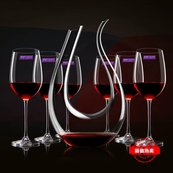 MARTIGUES红酒杯网红6只套装家用冷切口高脚杯 水晶玻璃红酒杯葡萄酒杯套装 350ML(6只装)+(U型醒酒器)
