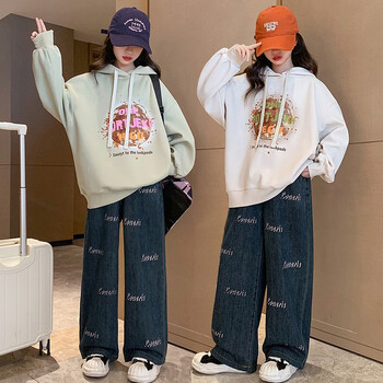 janedeiune儿童卫衣套装女童装女孩春秋装连帽卫衣牛仔裤两件套女童