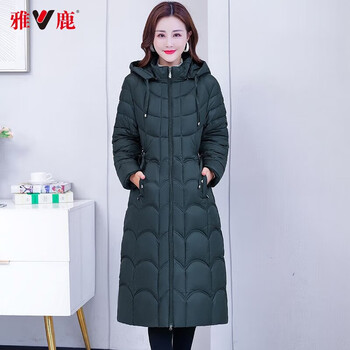 雅鹿轻薄羽绒服女中长款过膝修身显瘦洋气女装羽绒服外套墨绿色5xl