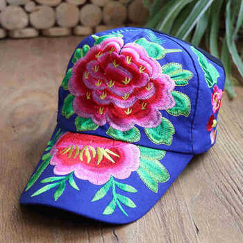 snight民族风刺绣花帽子女遮阳复古休闲棒球帽 宝蓝底红茶花 可调节