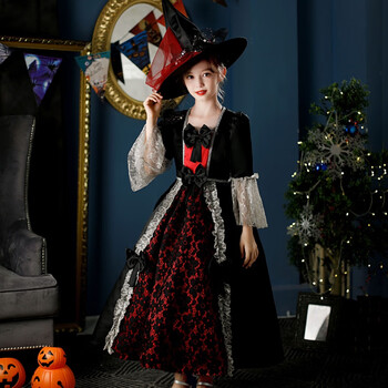 女孩 暗黑系万圣节儿童服装魔法女巫连衣裙舞会欧式宫廷女童演出礼服