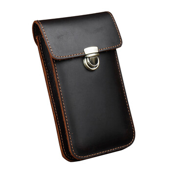 薄手机包男穿皮带腰包真皮6寸竖款手机腰包腰挂包双层咖啡色接近黑