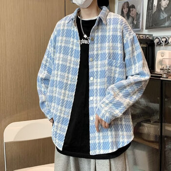 芃迹2023秋季新款情侣小香风格子衬衫男士复古燕尾潮流百搭长袖外套