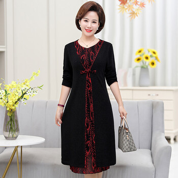 中年妈妈秋装气质假两件连衣裙中老年女装阔太太时尚春秋长袖裙子花色