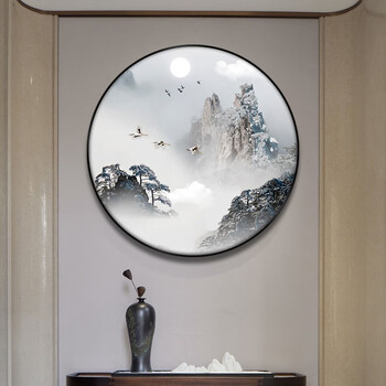 墨派 手绘油画玄关装饰画圆形迎客松新中式工笔山水画客厅背景墙壁画